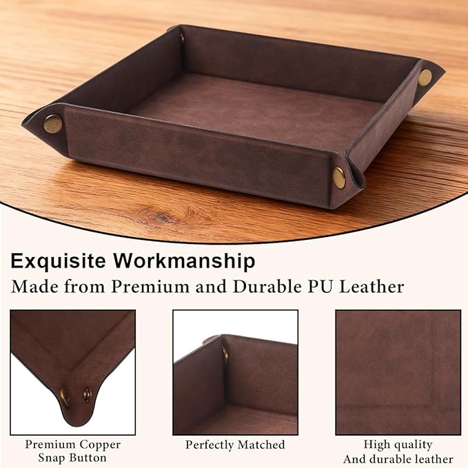 Valet Tray Desktop Storage Organizer – Premium PU Leather Catchall Bedside Vanity Tray Nightstand Caddy Holder for Remote Controller, Keys, Phone, Wallet, Coin, Jewelry,Brown
