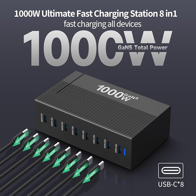1000W 8-Port GaN5 Desktop Charging Station, High-Power USB Charging Hub with 5X 140W and 3X 100W PD Ports, Fast Charger for Laptops, Tablets, and Smartphones