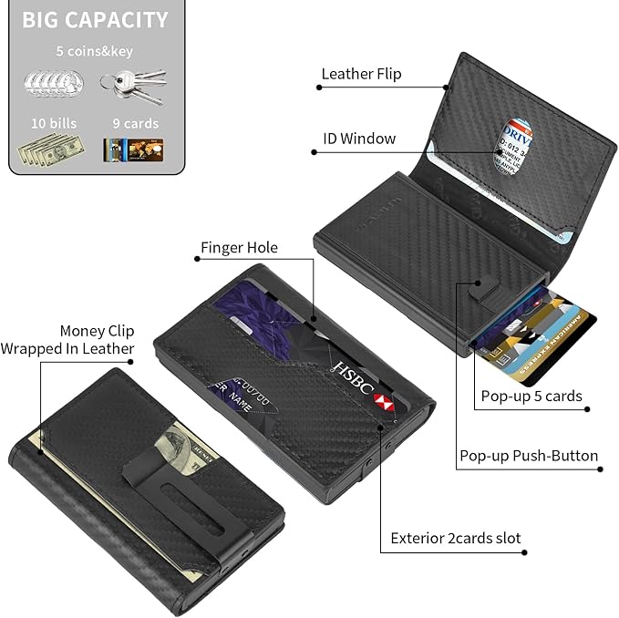 Mens slim Wallet，with RFID Shielding, Holds 9 Cards Easily, card wallet for Men, Minimalist Wallet For Men, Made of aluminum and Pu Synthetic Leather, Includes Cash clip (Carbon Black)