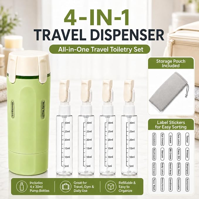 4 in 1 Travel Dispenser, Leak-Proof Travel Bottles with Storage Bag, 4 Refillable 30ml (1oz) Travel Containers for Toiletries, Portable Green Set for Shampoo, Body Wash, Lotion