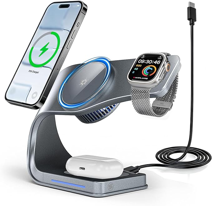 3 in 1 Wireless 15W Fast Charging Station for Apple Devices Dock for iPhone 15/14/13/12 Apple Watch Series 11/10/9/8/SE AirPods Pro 3/2 Bedside Charging Stand with Nightstand Organizer (Gray)
