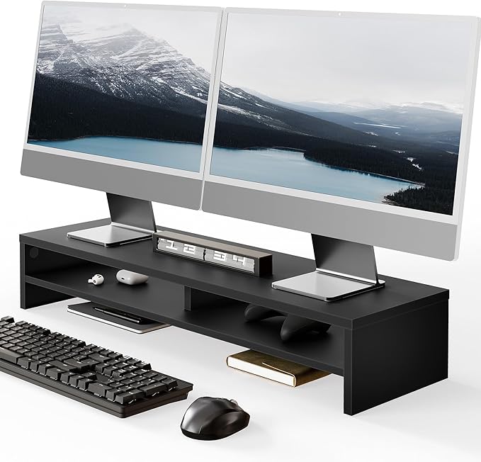Fenge Monitor Stand, 31.5 Inch Computer Monitor Riser for Desk, 2 Tiers Wood Desk Shelf with Storage, Desktop Organizer for PC, Laptop, Screen, Printer