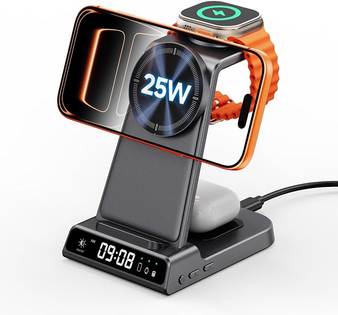 25W Fast Charging for iPhone 17, 3 in 1 Magnetic Wireless Charging Station Compatible with MagSafe for iPhone Air/16-12 Series, Apple Watch, AirPods, SwanScout C02M