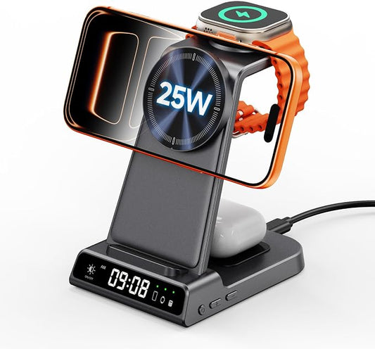 25W Fast Charging for iPhone 17, 3 in 1 Magnetic Wireless Charging Station Compatible with MagSafe for iPhone Air/16-12 Series, Apple Watch, AirPods, SwanScout C02M