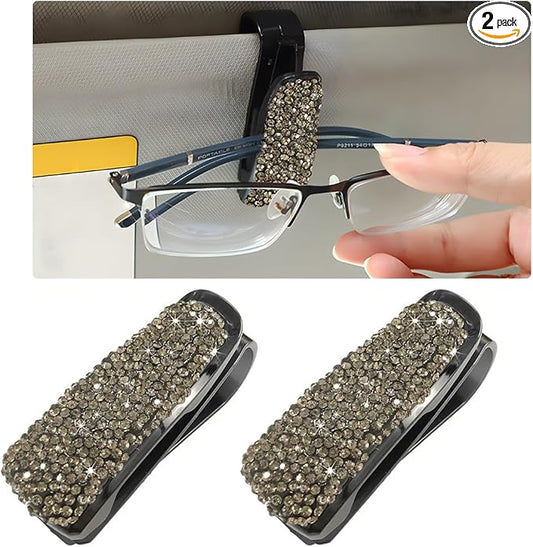 Wevdn 2 PCS Car Sun Visor Glasses Holder, Fashion Bling Car Eyeglasses Sunglasses Hanger for Women Girls, Glasses Holder Clip Hanger Mount with Ticket Card Clip, Car Accessories (Gray)