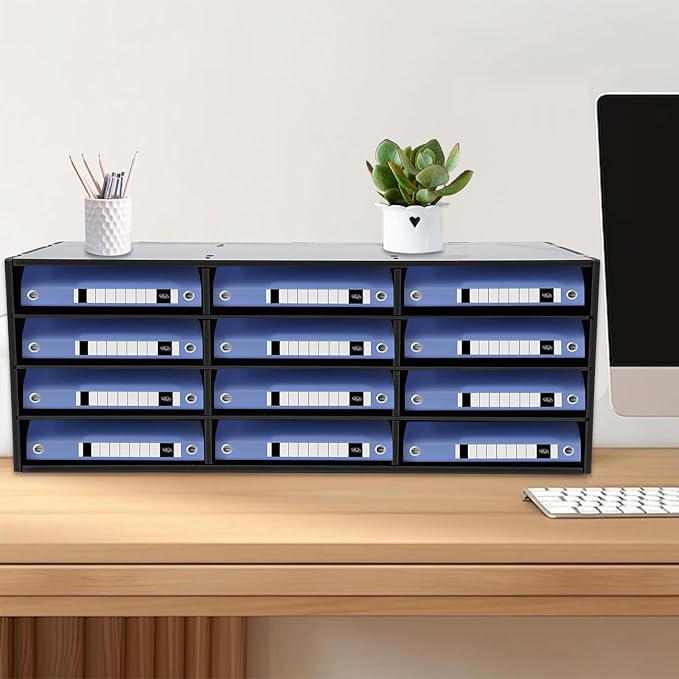 12-Slot Desktop Organizer, Minimalist Design Mailbox, File Sorter w/Top Platform for Hold Cables/Files/Keys, Desktop Bill Paper Organizer for Office & Home (Black, 12 Slot, Style 2)