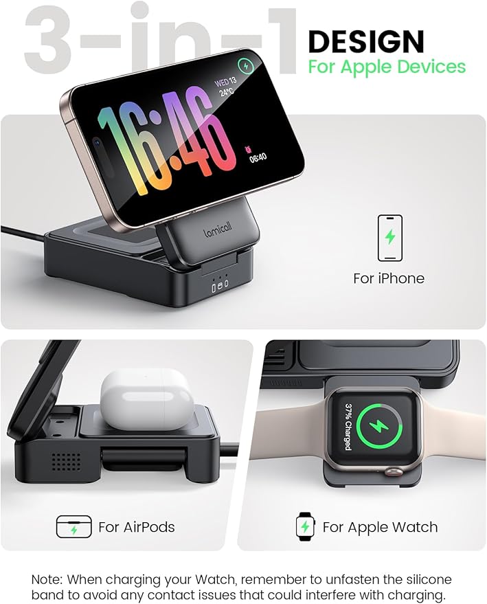 Lamicall Travel 3 in 1 Wireless Charging Station for Apple MagSafe, [Upgraded Cooling] Foldable Magnetic Charger Stand for iPhone 17 16 15 14 13 Pro Max, AirPods, Apple Watch (Adapter Included)