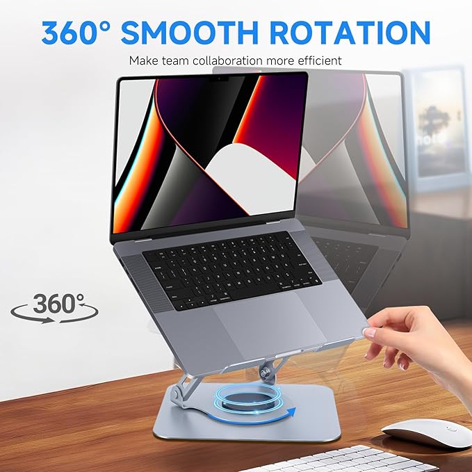 Leeboom Ergonomic Laptop Stand for Desk, 360° Rotating Aluminum Laptop Riser, Adjustable Notebook Holder for MacBook Air/Pro, Dell, HP, Lenovo (10–15.6", Silver) – Not for Gaming Laptops