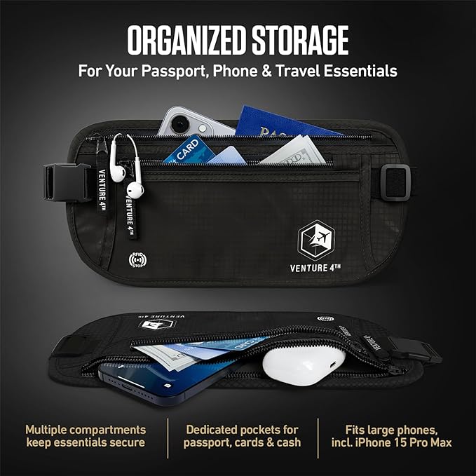VENTURE 4TH Money Belt for Travel – Hidden Under-Clothes RFID Blocking Passport Holder & Slim Travel Wallet Pouch for Men & Women to Protect Cash, Cards & Documents (Pure Black)