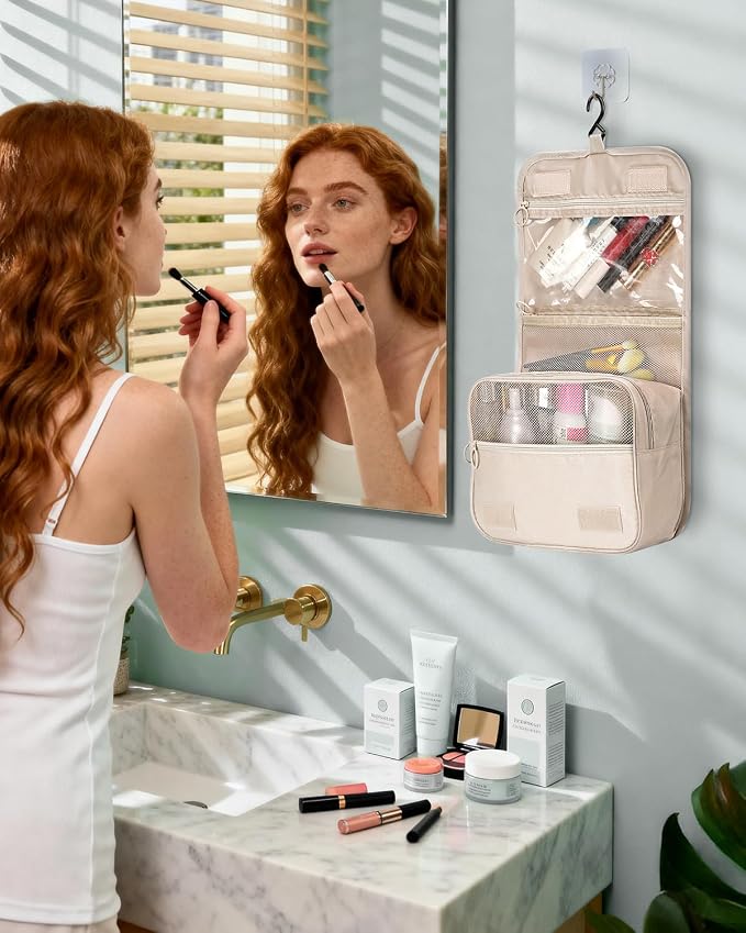 FINPAC Toiletry Bag, Large Capacity Hanging Makeup Bag with Waterproof PVC Compartment, Travel Cosmetic Organizer for Women, Makeup Lovers, Cruise, Gym, and Family Trips, Beige
