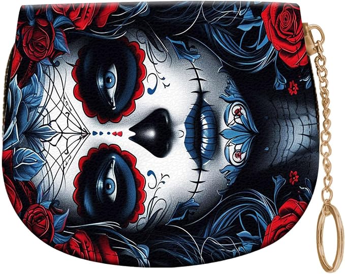 Women's Slim RFID Wallet – Compact Leather Card Holder Wallet for Women, 9 Card Slots RFID Blocking Credit Card Organizer, Small Travel Wallet - Sugar Skull Woman