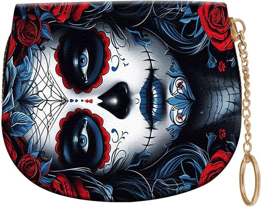 Women's Slim RFID Wallet – Compact Leather Card Holder Wallet for Women, 9 Card Slots RFID Blocking Credit Card Organizer, Small Travel Wallet - Sugar Skull Woman