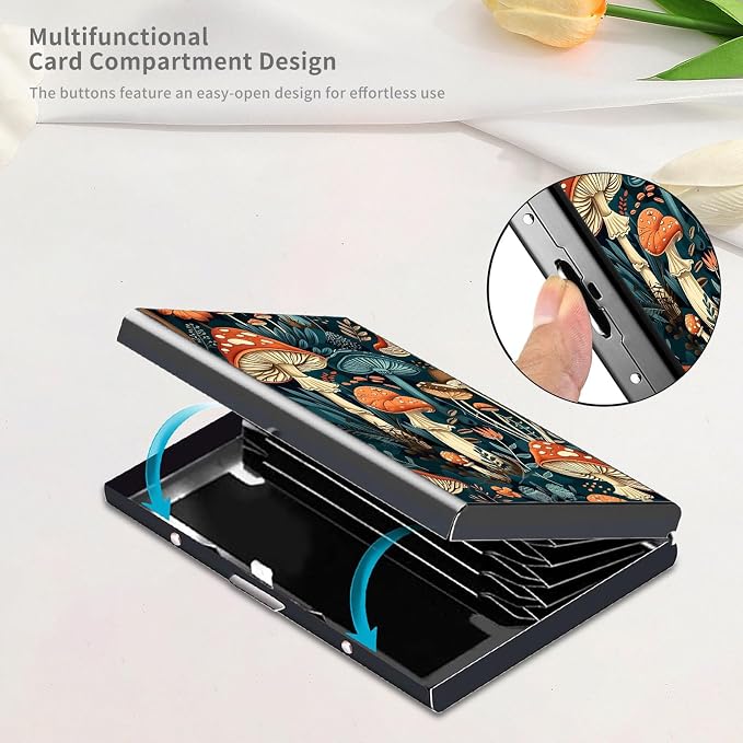 RFID Metal Wallet Credit Cards Holder Slim Mini Business Card Holder Metal ID Case Gift for Men Women,Mushroom Garden