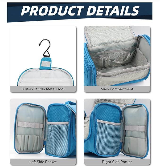 Buruis Hanging Toiletry Bag for Women and Men, Large Water-Resistant Makeup Organizer with Sturdy Hook, Lightweight Nylon Dopp Kit for Full-Sized Toiletries & Cosmetics, Light Blue