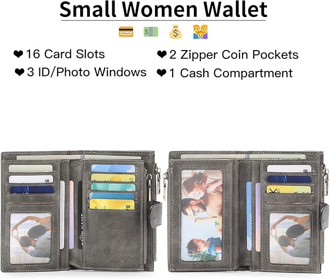 GOIACII Womens Wallets RFID Blocking Leather Trifold Clutch Wallet Credit Card Holder Ladies Purse 3 ID Windows Grey