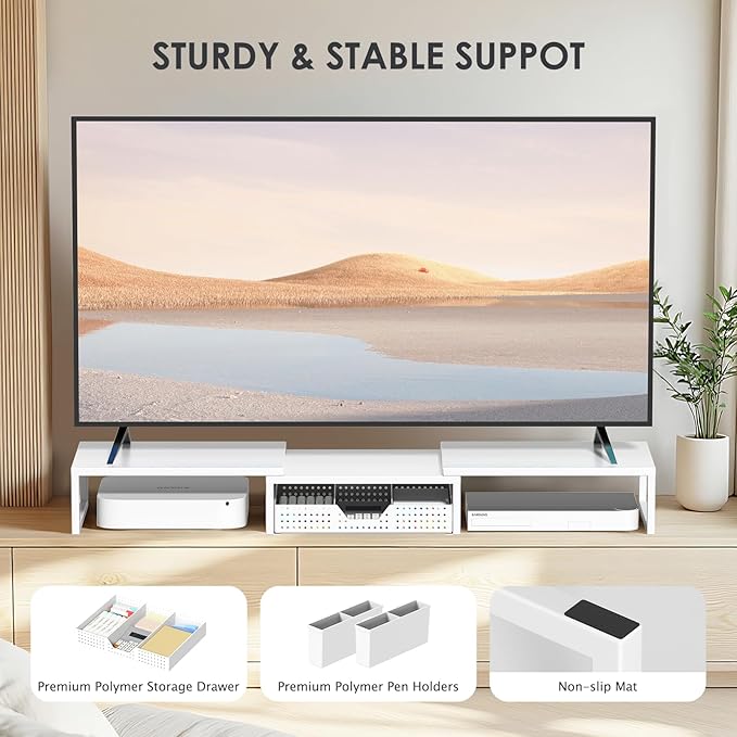OPNICE Desk Organizers and Accessories, Dual Monitor Stand Riser with Drawer and 2 Pen Holders, Desk Shelf Metal Computer Racks for Office Workspace Organizers, Desktop Organization (White Metal)