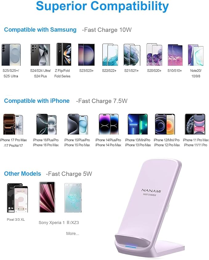 NANAMI Wireless Charger for Samsung and iPhone - 10W Fast Induction Charger Stand for Galaxy S25/S26/S24/S23/S22/S21, Wireless Charging Stand Phone Charging Dock for iPhone 17/17 Air/16/15/14/13/12