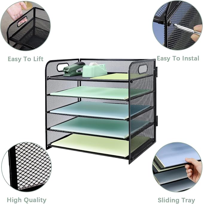 Paper Letter Tray with Handle, 5 Tier Metal Mesh Desk File Organizer, A4 Paper Desktop Filing Trays, Desk Tidy Magazine Document Holder for Home Office, Black