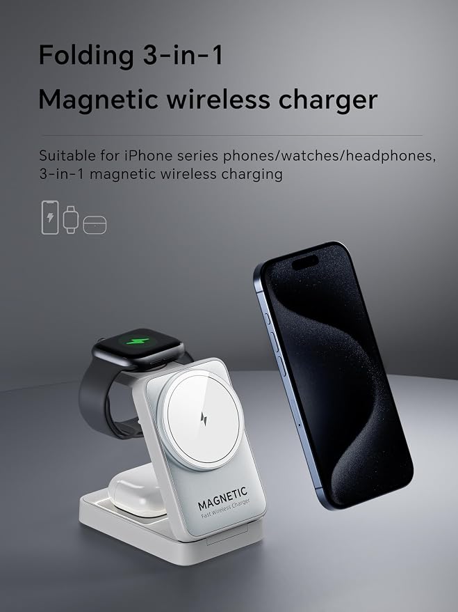 2026 Upgraded 3-in-1 Wireless Charger for iPhone,Travel Magnetic Charger Stand Nightlight Foldable Wireless Charging Station Compatible with Magsafe Charger&iPhone 17/16/15/14/13,Apple Watch&AirPods