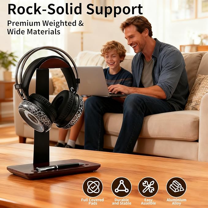 Walnut Headphone Stand with Pen Holder - Solid Wood Headset Stand for Desk, Wooden Headphone Holder and Executive Desk Organizer for Office, Compatible with AirPods Max, Sony, Bose Headphones, Brown