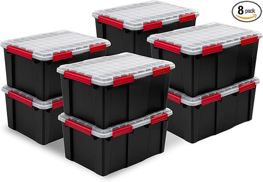 Sterilite 8 Pack Gasket Box, Stackable Plastic 20 Gallon Storage Container with Lids, Black - Waterproof and Dustproof Tote for Home Organization