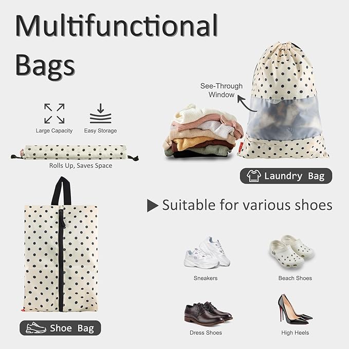 U+U 5 Set Packing Cubes for Travel Essentials Ultralight Luggage Packing Organizers with Laundry Bag and Shoe Bag for Vacation, Business Trip and Camping (Polka Dot)