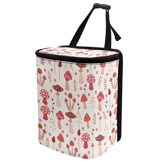 Biyejit Pink Mushroom Car Trash Can with Lid Collapsible Waterproof Car Garage Bag Reusable Hanging Automotive Garbage Bin with Adjustable Strap Car Accessories Interior Car Organizer