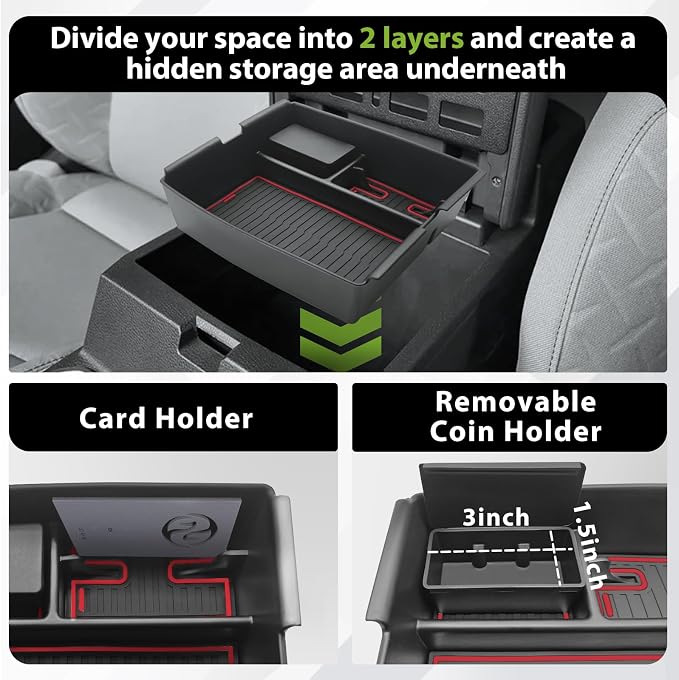 Muslogy Center Console Organizer Compatible with Toyota Tacoma 2024 2025 2026 Accessories Middle Console Storage Box ABS Material with Anti-Slip Mats Interior Insert Tray (Red)