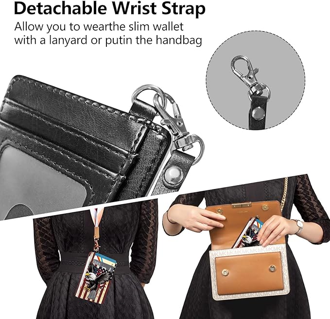 Slim RFID Blocking Card Holder Wallet with Wrist Strap - Minimalist Front Pocket Wallet, Flag Eagle Design, PU Leathe, for Men & Women, Ideal for Travel & Gifts