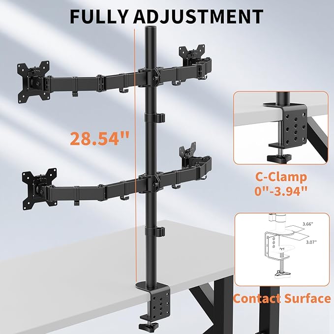 Quad Monitor Mount, Heavy Duty Adjustable 4 Monitors Desk Stand for 13"-27" Screen, Holds Up to 22lbs per Arm with C Clamp/Grommet Base