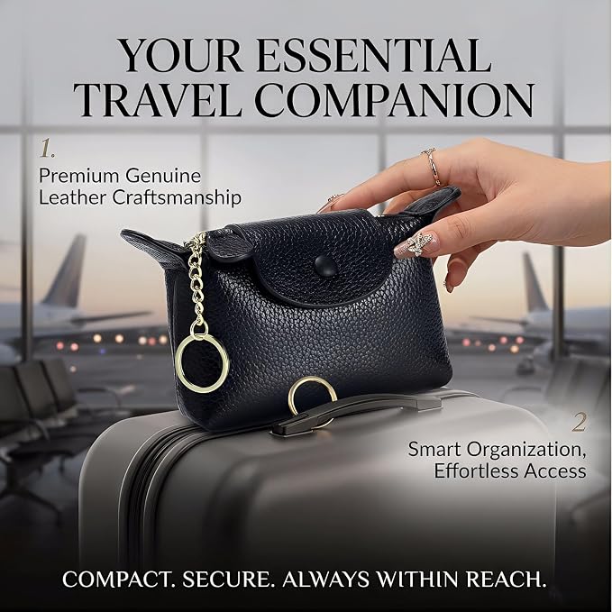 Genuine Leather Coin Purse for Women, Small Leather Mini Wallet with Keychain, Compact Change Purse for Cash, Cards, Coins and Keys, 5.12 Inch, Black