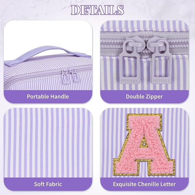 2026 Graduation Gifts - Travel Makeup Bag for Women, 2Pcs Portable Personalized Initial Makeup Organizer Bag, Open Flat Large Cosmetic Bag With Travel Essential Pouch (Purple Letter C)
