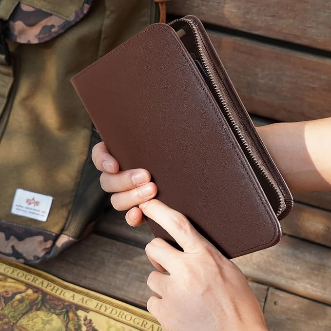 Polare Full Grain Leather Passport Holder Cover Case for Men RFID Blocking Travel Wallet Holds 4 Passports (Coffee with AirTag Slot)