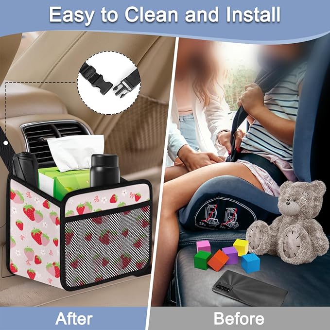 Cute Strawberry Print Car Organizer for Kids, Backseat Headrest Storage Bag, Adorable Cartoon Fruit Pattern, Foldable Waterproof PU Leather Organizer, Perfect for Mom and Baby