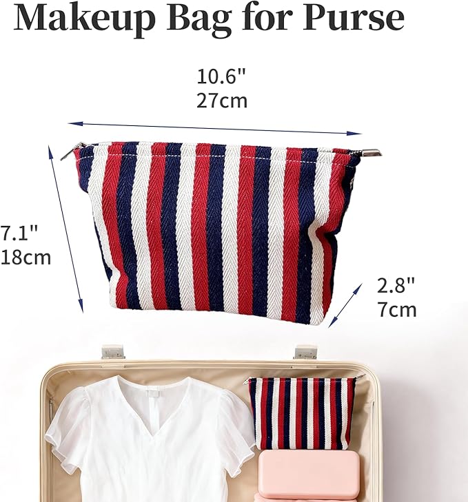 Color Striped Makeup Bag for Women, Canvas Cosmetic Bag with Zipper lining, Travel Makeup Pouch for Purse, Travel Pouch for Toiletry, Cosmetic, Sunscreen, Hygiene, Skincare, SPF, Medicine, Sunblock