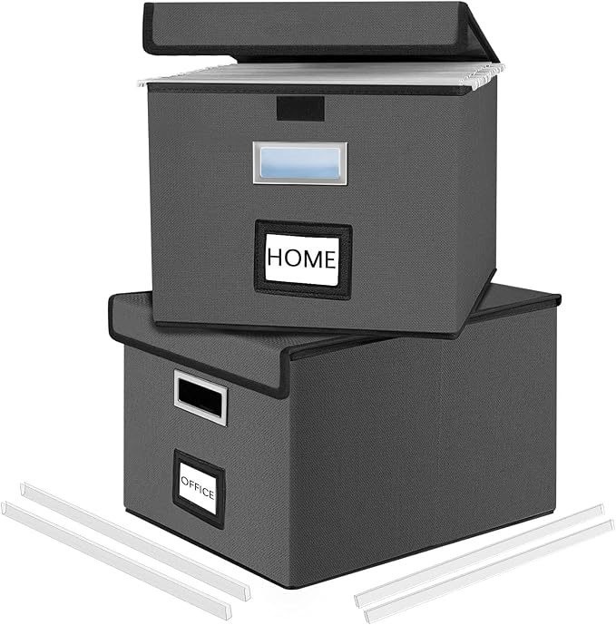 File Organizer Boxes with Lids, Linen Office Document Storage Boxes, Filing Boxes, Decorative Small File Boxes for Hanging Files with Plastic Slide for Office/Cabinet/Decor/Home