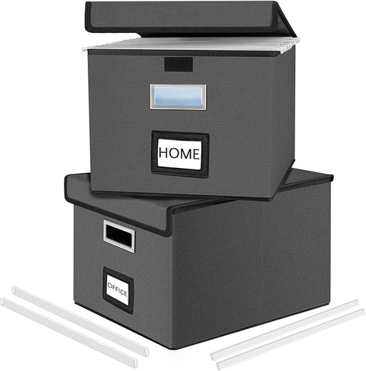 File Organizer Boxes with Lids, Linen Office Document Storage Boxes, Filing Boxes, Decorative Small File Boxes for Hanging Files with Plastic Slide for Office/Cabinet/Decor/Home
