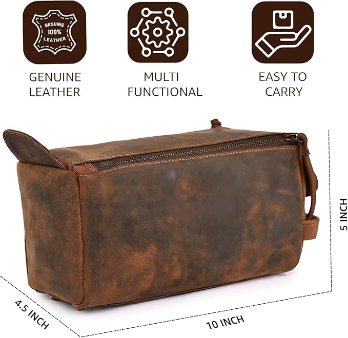 Hindoro Premium Buffalo Leather Travel Toiletry Bag - Unisex Water-Resistant Vintage Travel Pouch Kit, Shaving & Cosmetic Organizer for Men & Women - Compact Bathroom Essentials - Distressed Brown