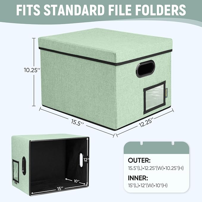 BALEINE File Organizer Box with Lid, Collapsible File Folder Organizer with Plastic Slide, Filing Box for Office Home Document Organizer Storage (Green, 4PK)