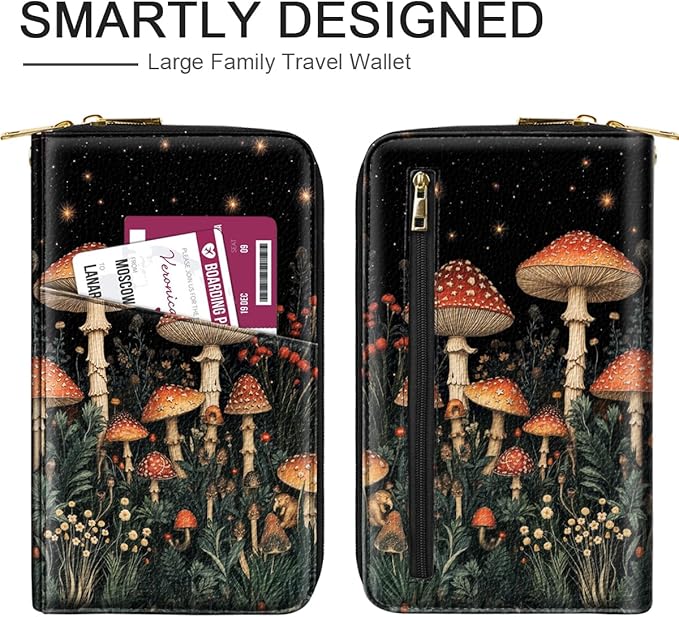 Family Passport Holder Wallet RFID Blocking Document Organizer PU Leather Mulit-purpose Travel Wallet Credit Cards Case for Women Men, Mushroom