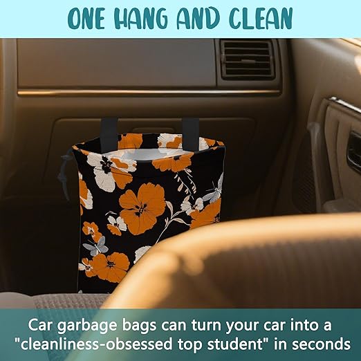 Car Garbage Bag Orange and White Floral and Butterfly Drawstring Car Trash Bag Hanging for Back Seat with Adjustable Buckle Canvas Vehicle Trash Can Easy-to-Install