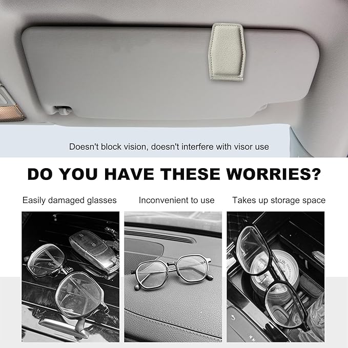 2PCS Sunglasses Holders for Car Sun Visor, Magnetic Leather Auto Visor Glasses Organizer Ticket Card Clip, Universal Eyeglasses Hanger Mounter for Most Cars, Trucks, SUVs (Beige)