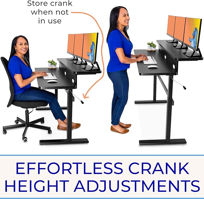 Stand Steady Tranzendesk | 55 Inch Dual Level Standing Desk with Shelf | Easy Crank Height Adjustable Sit to Stand Desk | Stand Up Workstation with Monitor Riser for Home & Office (55in / Black)