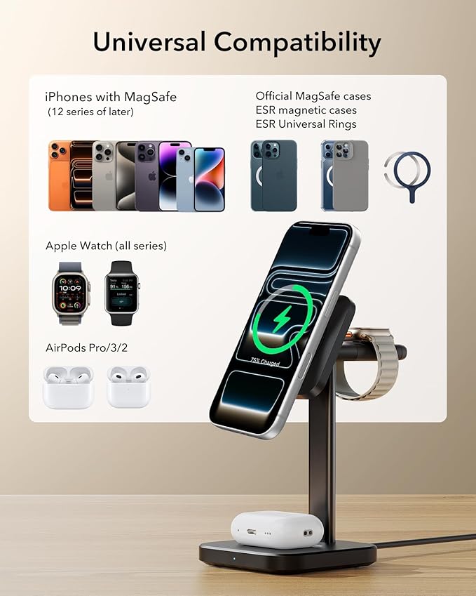ESR Qi2 3 in 1 Wireless Charging Station, [Certified] Apple Watch Charger & 15W Qi2 MagSafe Charger Stand for iPhone, Wireless Charger for Multiple Devices iPhone 16/15/14/13&Watch&AirPods,Black