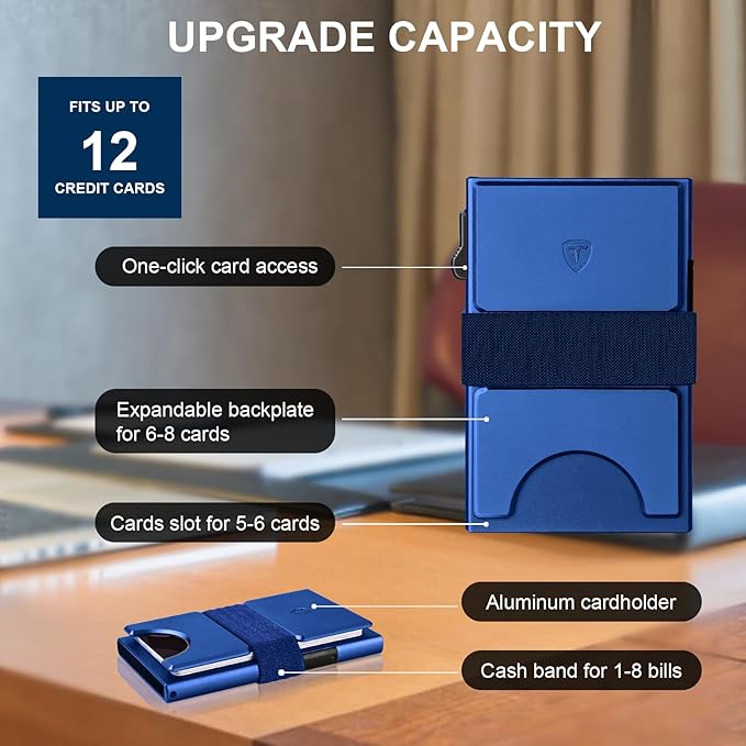 TOYFID Slim Wallet for Men Aluminum Minimalist Pop Up Card Holder with RFID Blocking Protection Expandable Backplate Cash Band for Boyfriend/Dad/Friend,Holds 12+ Credit Card & Business Cards,Blue