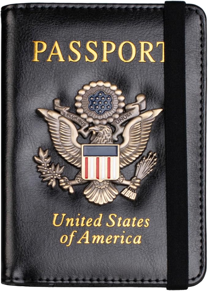 TOURSUIT RFID Blocking Passport Holder for Women Men, Leather Passport Travel Wallet with 3D Metal Badge, Travel Document Holder Cover Accessories (Black)