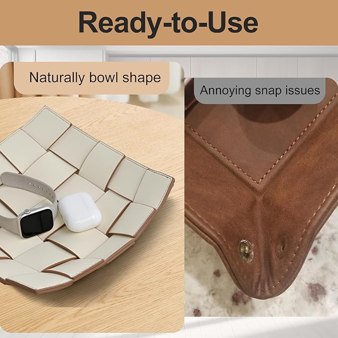 Valet Tray PU Leather Key Bowl for Men Women Entryway Table Nightstand Catchall EDC Dump Tray for Wallet, Keys, Jewelry Men's Gift - Coffee & White, 9.8" L x 9.8" W x 2" H