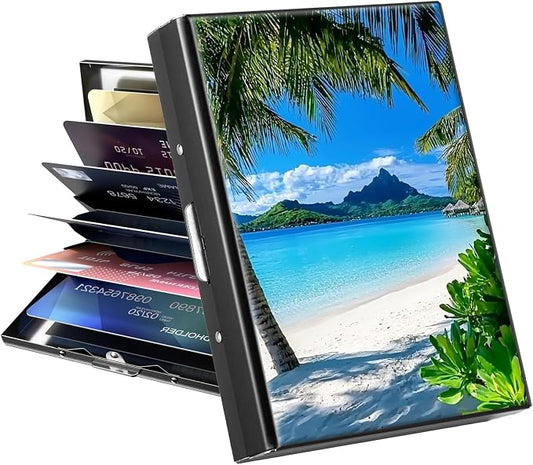 Metal Wallet for Women Men Girls, RFID Blocking Slim Aluminum Credit Card Holder, Mini Travel Wallet with Hard Shell, Lightweight ID & Business Card Case,Shore Palms Tropical Beach