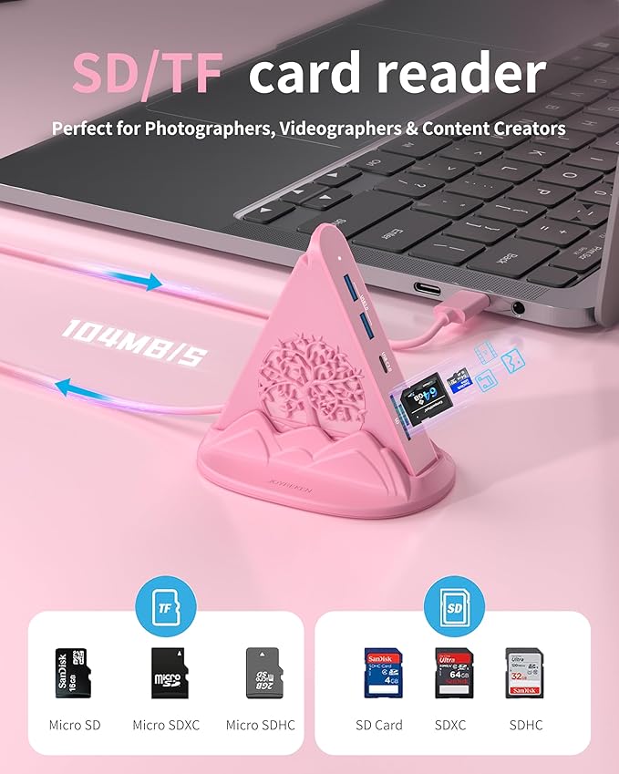 Pink USB C Hub, 8-in-1 USB C Multiport Adapter with 4K@30Hz HDMI, 100W Power Charging, 5Gbps Type C, 3 USB-A 3.0, SD/TF Slots& RGB Lighting, Pink Type C Hub for MacBook, iPhone17, iPad, XPS(Tree)