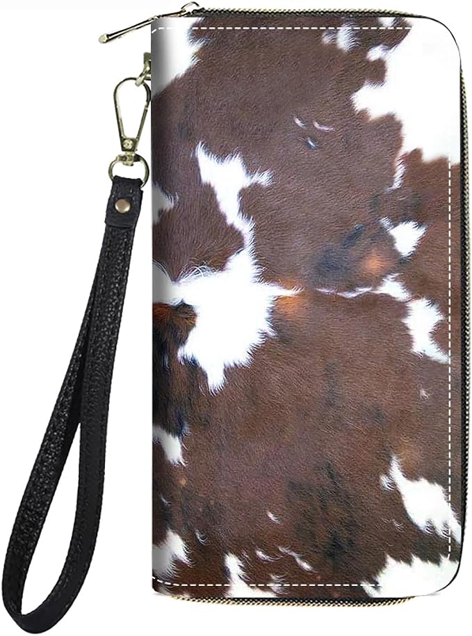 Women's Large Capacity Wallet PU Leather Zip Around Clutch Purse Multifunctional Wallet with Removable Wristlet Strap for Smart Phone/Coin/Card/Cash, Brown Cow Print